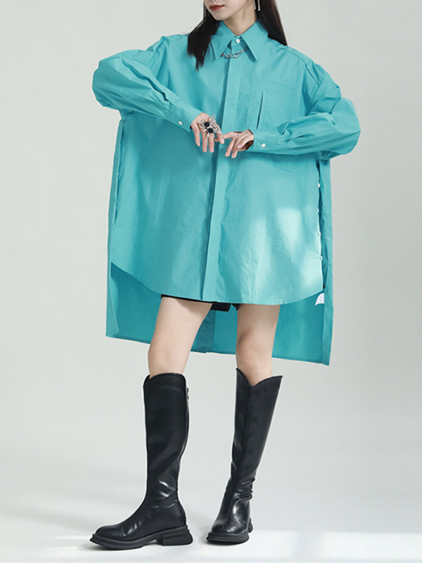 Solid Color Split-side High-low Irregular clipping Lapel Shirts Tops