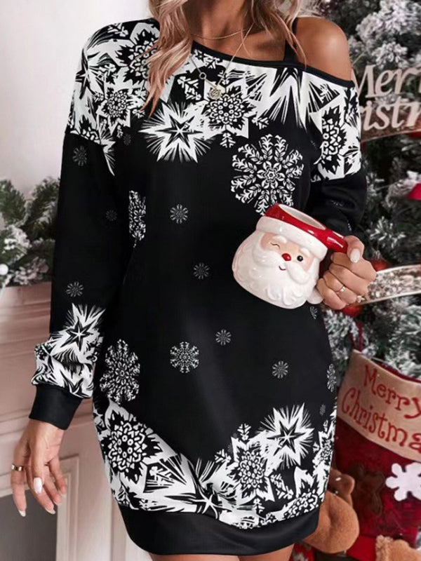 Contrast Color Printed Split-Joint Bodycon Long Sleeves One-Shoulder Midi Dresses