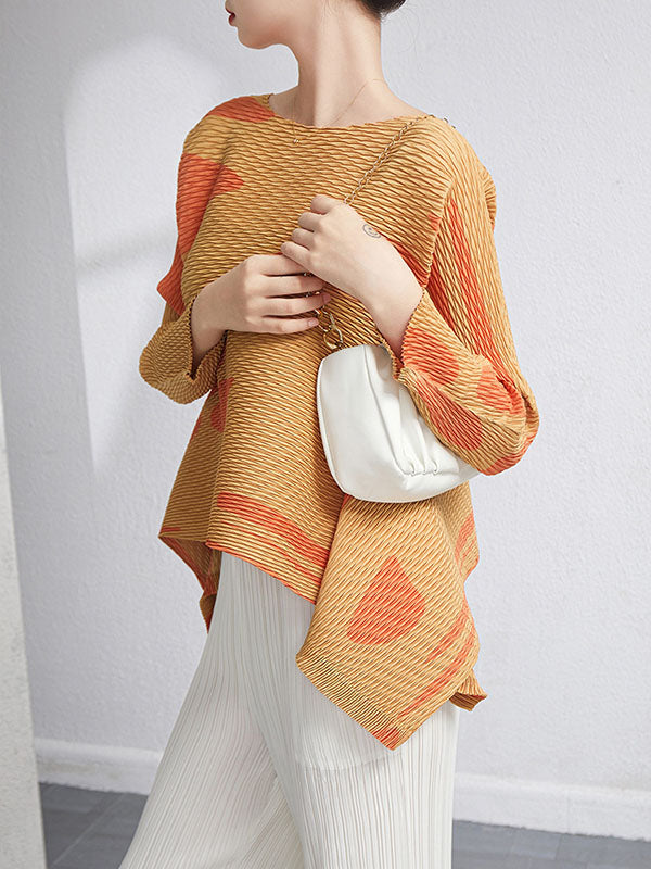 Casual Irregularity Loose Printed Pleated Round-Neck T-Shirts Tops