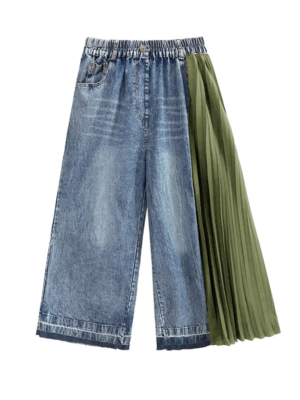 Contrast Color Pleated Split-Joint Loose Ninth Pants Jean Pants Bottoms