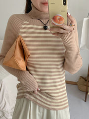 Contrast Color Striped Long Sleeves Skinny High Neck Sweater Tops Pullovers