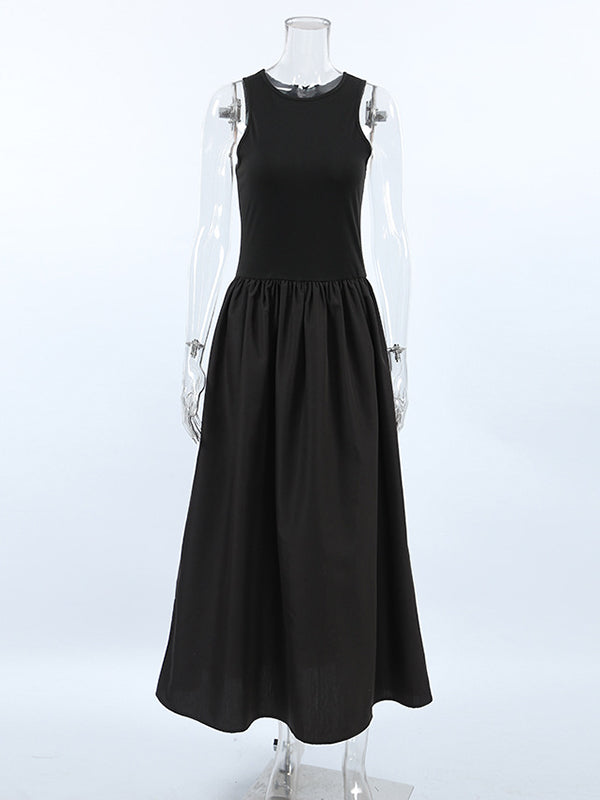 Solid Color Split-Joint A-Line Sleeveless Round-Neck Maxi Dresses