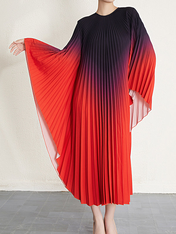 Gradient Pleated Batwing Sleeves Loose Round-Neck Midi Dresses