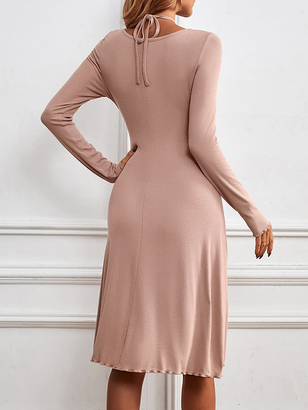Pleated Solid Color A-Line High Waisted Deep V-Neck Midi Dresses