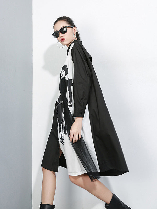 Tide Splicing Characters Print Long Lapel Shirt