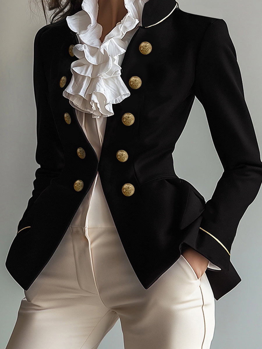 Buttoned Solid Color Split-Joint Long Sleeves Skinny Stand Collar Outerwear Blazer