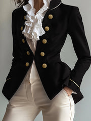 Buttoned Solid Color Split-Joint Long Sleeves Skinny Stand Collar Outerwear Blazer