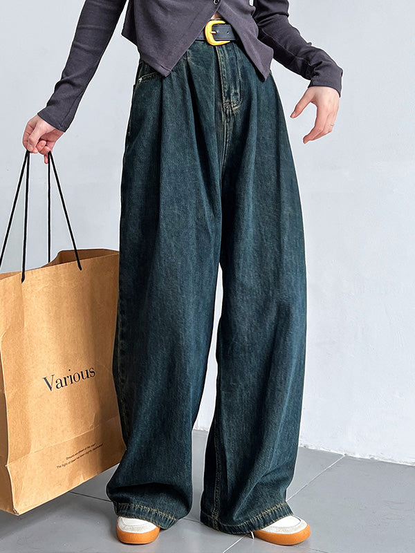 Belted Pleated Pockets High Waisted Wide Leg Jean Pants Bottoms