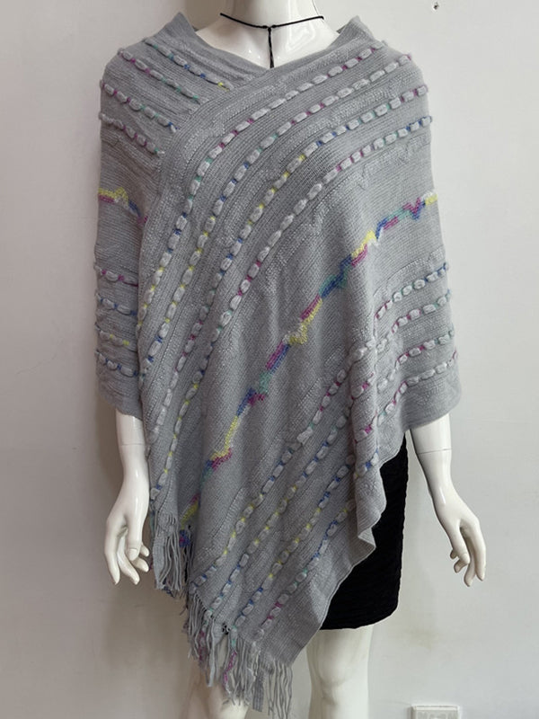 Asymmetric Contrast Color Tasseled Loose V-Neck Shawl&Cloak Cape