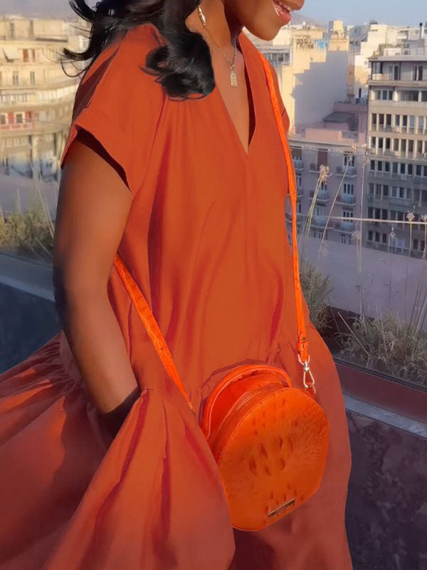 Pleated Pockets Solid Color Split-Joint Loose Short Sleeves V-Neck Maxi Dresses