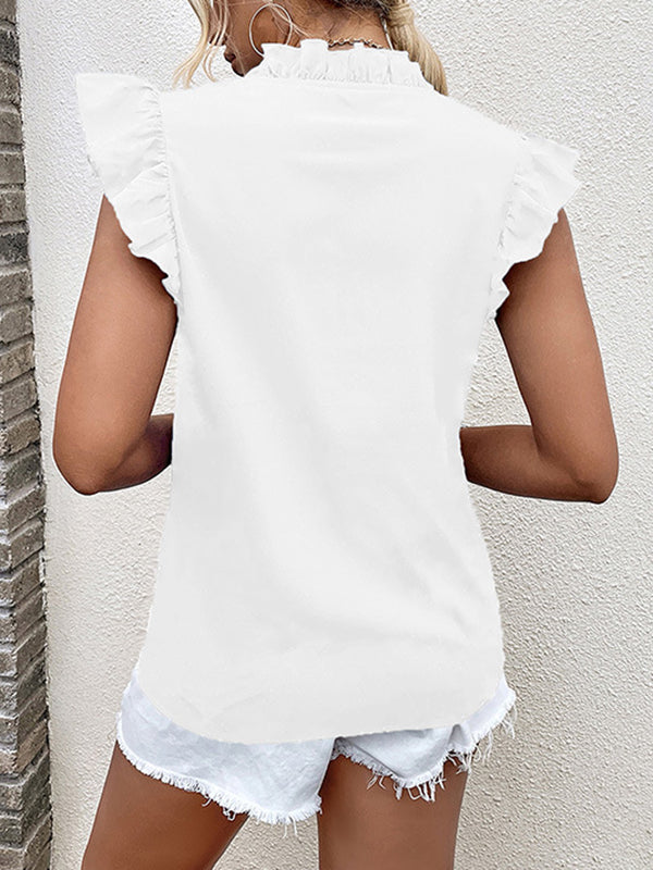 Pleated Ruffle Trim Solid Color Loose Ruffle Sleeves V-Neck Vest Top