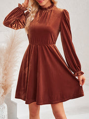 Hollow Ruffled Solid Color Velvet A-Line High Waisted Mock Neck Mini Dresses