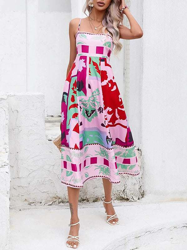Pleated Printed Split-Joint High Waisted Sleeveless Collarless Slip Dress Midi Dresses