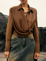 Hollow Solid Color Split-Joint Long Sleeves Loose Lapel Blouses&Shirts Tops