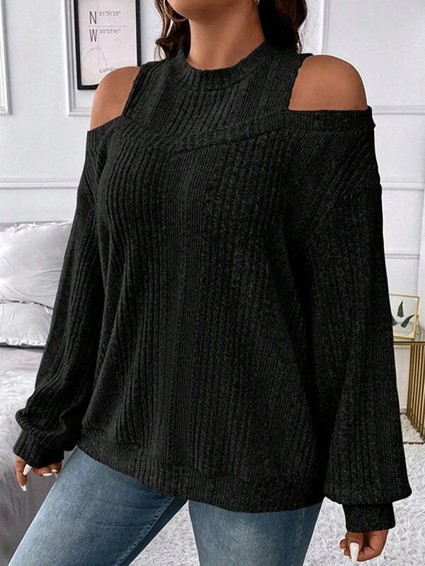 Hollow Solid Color Split-Joint Long Sleeves Loose Cold Shoulder T-Shirts Tops