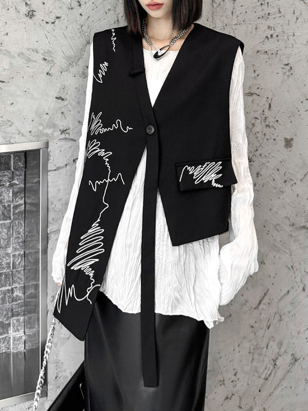 Asymmetric Buttoned Embroidered Sleeveless V-Neck Vest Top