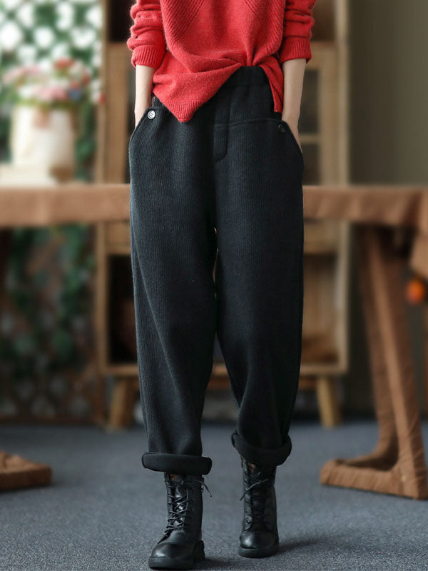 Vintage Black&Gray Thicken Velvet Elasticity Casual Pants