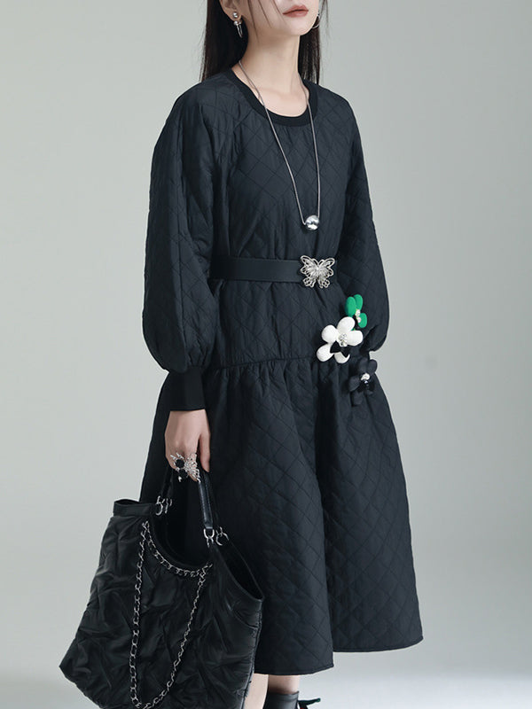 Pleated Quilted Split-Joint Long Sleeves Loose Round-Neck Midi Dresses