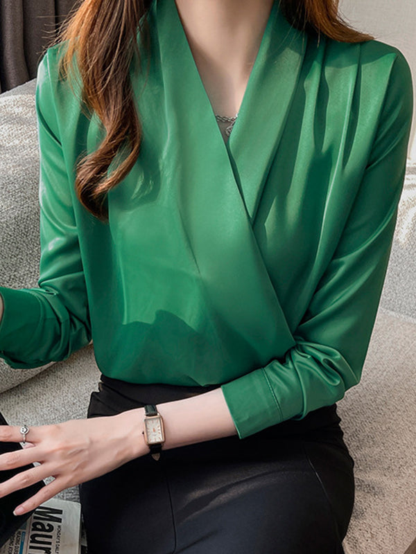 Buttoned Solid Color Long Sleeves Loose V-Neck Blouses&Shirts Tops