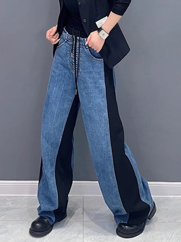 Buttoned Contrast Color Drawstring Elasticity Split-Joint Loose Straight Leg Trousers Pants