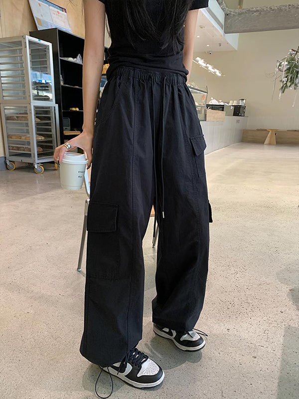 Drawstring Elasticity Pockets Solid Color Split-Joint High Waisted Loose Trousers Pants