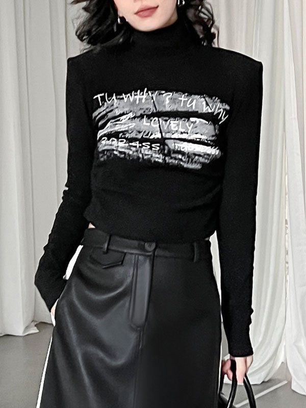 Letter Print Shoulder Pad Long Sleeves Skinny High Neck T-Shirts Tops
