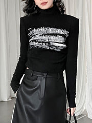 Letter Print Shoulder Pad Long Sleeves Skinny High Neck T-Shirts Tops