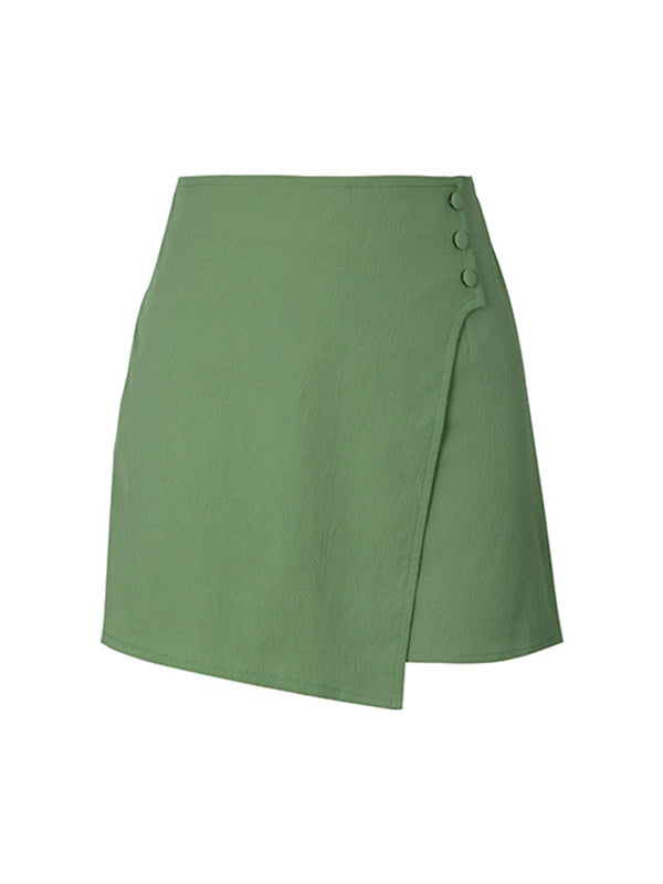 Asymmetric Buttoned Solid Color Split-Front Split-Joint Zipper High Waisted Loose Culotte