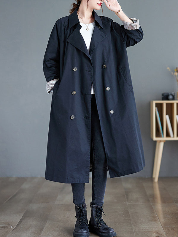 Buttoned Pockets Long Sleeves Loose Notched Collar Trench Coats
