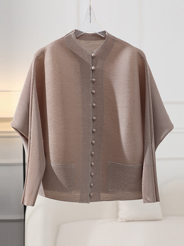 Buttoned Pleated Pockets Solid Color Long Sleeves Loose Round-Neck Outerwear