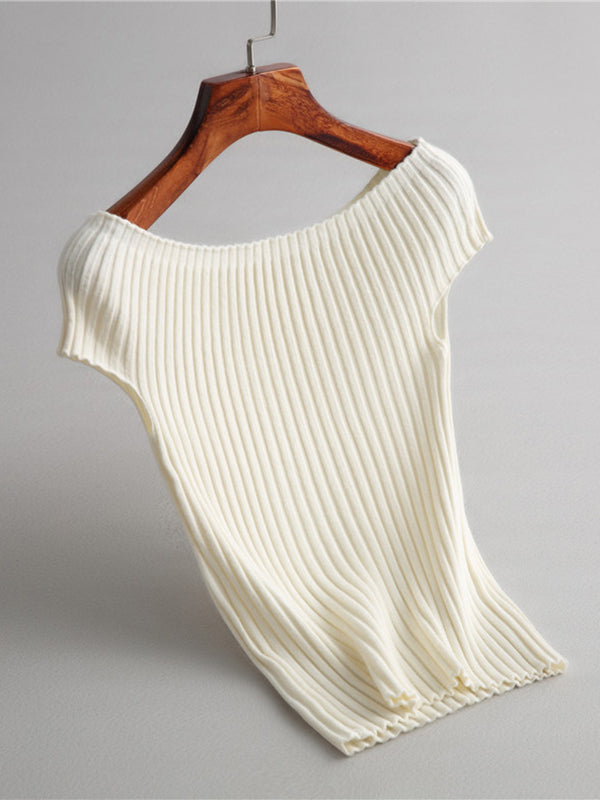 Solid Color Short Sleeves Skinny Boat Neck Sweater Pullovers Knitwear