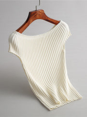 Solid Color Short Sleeves Skinny Boat Neck Sweater Pullovers Knitwear