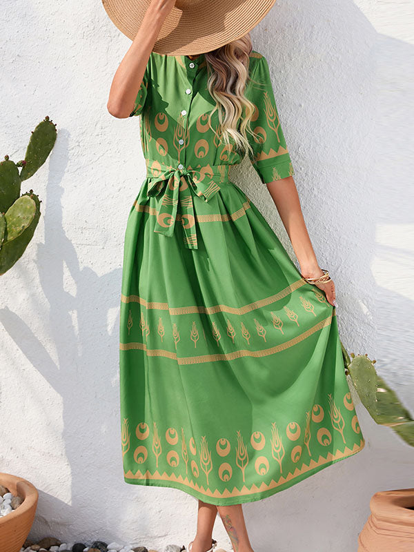 Buttoned Tied Waist A-Line Half Sleeves Lapel Midi Dresses