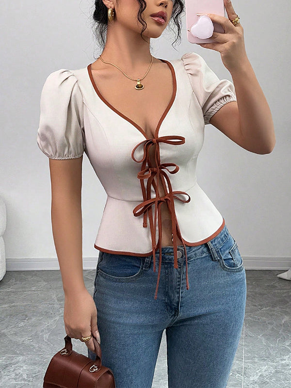 Elasticity Pleated Tied Loose Puff Sleeves V-Neck Blouses&Shirts Tops