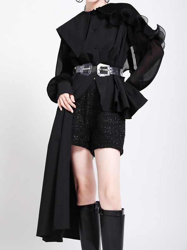 Asymmetric Pleated Solid Color Split-Joint Falbala Long Sleeves Loose Lapel Blouses&shirts Tops