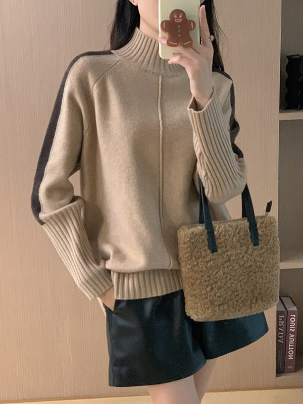 Contrast Color Split-Joint Split-Side High-Low Long Sleeves High Neck Sweater Tops Pullovers