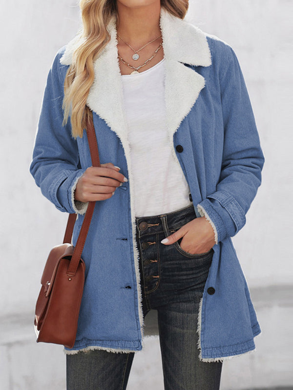 Buttoned Pockets Velvet Long Sleeves Loose Notched Collar Outerwear
