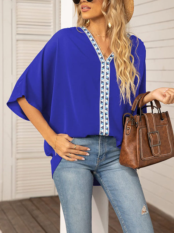 Split-Joint Batwing Sleeves Loose V-neck Blouses&shirts Tops