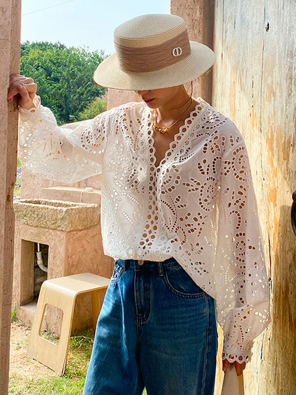 Hollow See-Through Solid Color Split-Joint Long Sleeves Loose V-Neck Blouses&Shirts Tops