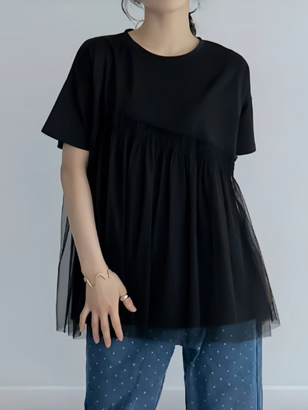 Asymmetric Mesh Split-Joint Loose Short Sleeves Round-Neck T-Shirts Tops