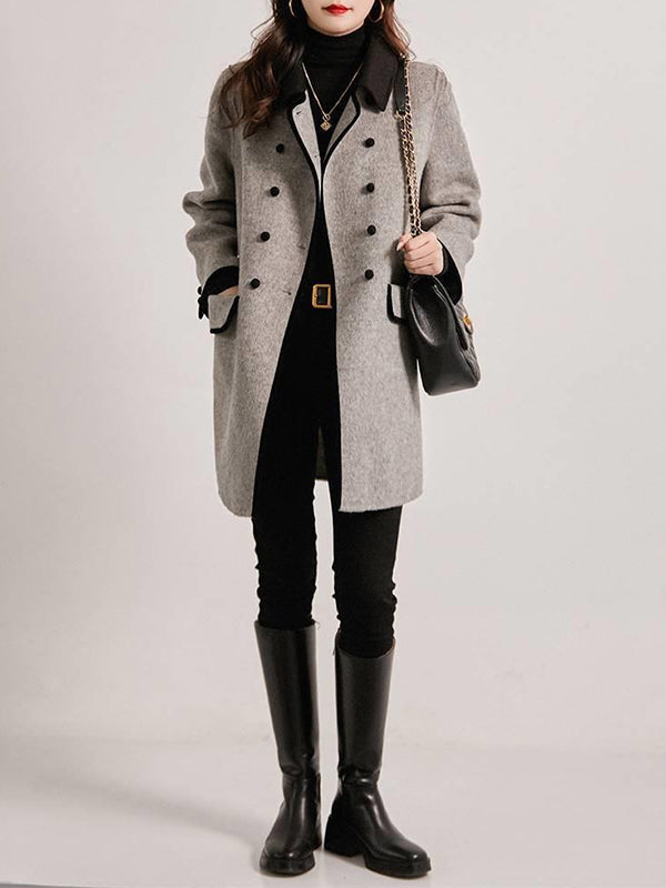 Buttoned Pockets Split-Joint Long Sleeves Loose Lapel Woolen Coat