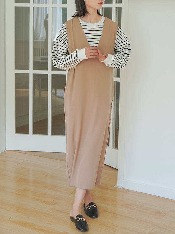 Casual A-Line Sleeveless Solid Color V-Neck Midi Dresses