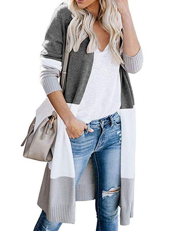 Contrast Color Long Sleeves Loose V-Neck Cardigan Tops