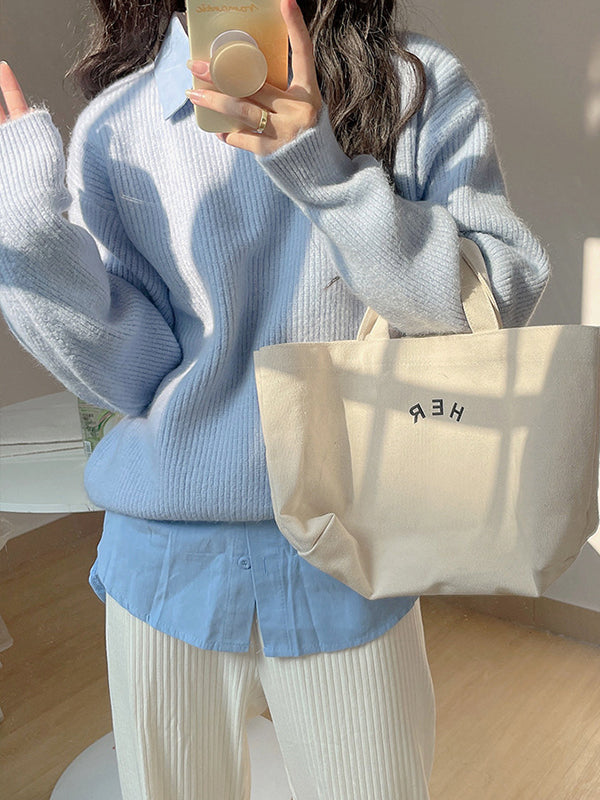 Solid Color Long Sleeves Loose Round-Neck Sweater Tops Pullovers