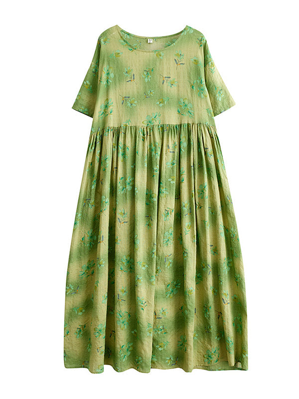 Floral Printed Loose Short Sleeves Round-Neck Midi Dresses