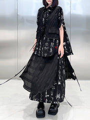 Elasticity Lace-Up Printed Split-Joint Streamer Tiered High Waisted Loose Lapel Skirts Bottoms