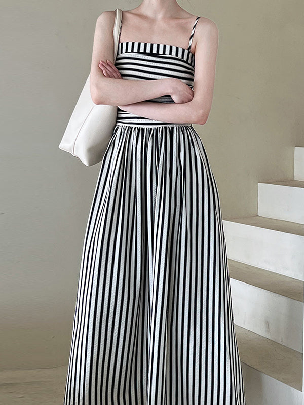 Pleated Split-Joint Striped Loose Sleeveless Spaghetti-Neck Midi Dresses