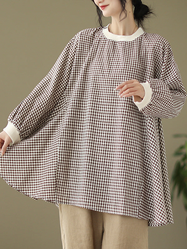 Puff Sleeves Irregularity Plaid Split-Joint Round-Neck T-Shirts Tops