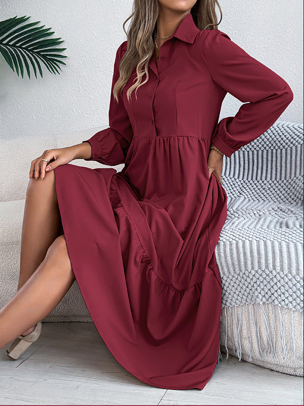 Pleated Ruffled Solid Color High Waisted Long Sleeves Lapel Shirt Dress Midi Dresses