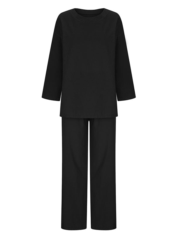 Solid Color Loose Round-neck Long Sleeves Shirts Top + Drawstring Pants Bottom Two Pieces Set